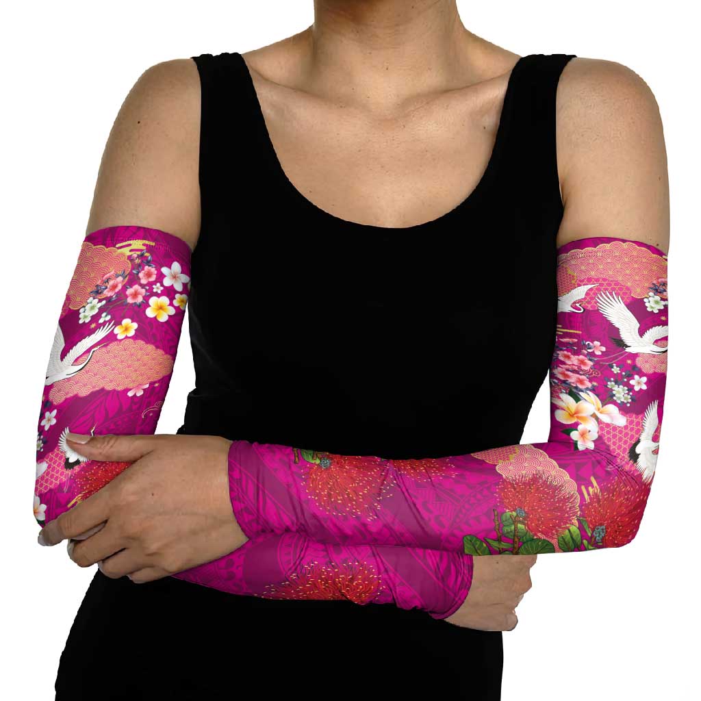 Hawaiian and Japanese Culture Together Arm Sleeves Pink Ohia Lehua Plumeria and Sakura Blooming LT03 - Polynesian Pride