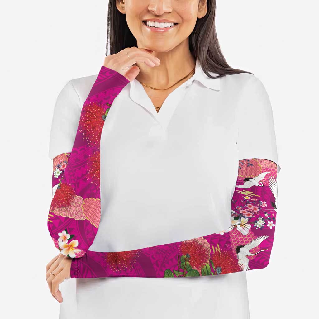 Hawaiian and Japanese Culture Together Arm Sleeves Pink Ohia Lehua Plumeria and Sakura Blooming LT03 - Polynesian Pride