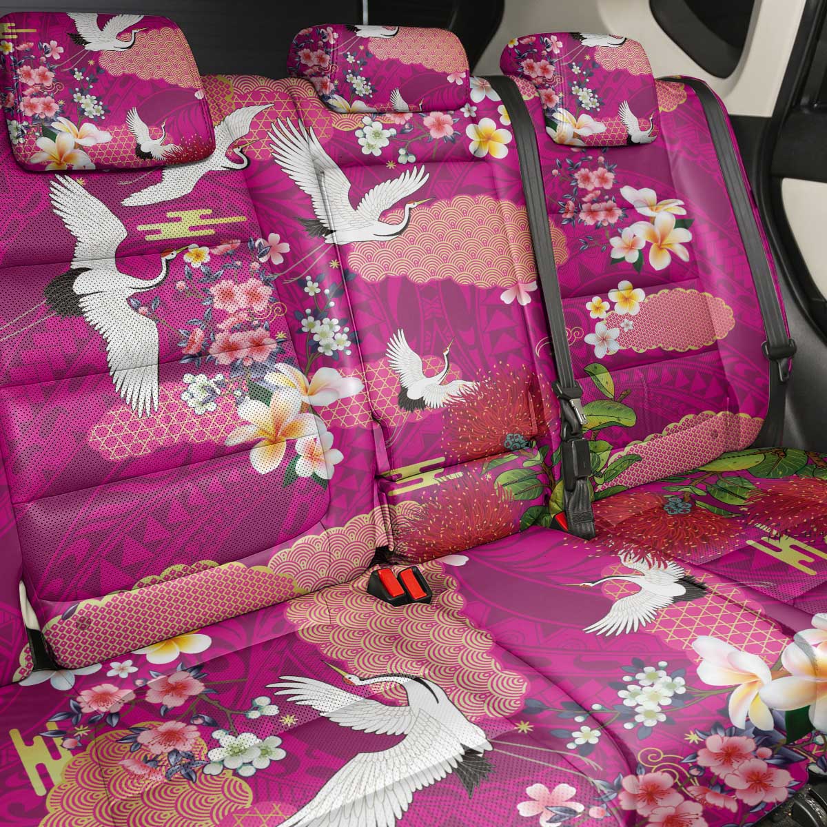 Hawaiian and Japanese Culture Together Back Car Seat Cover Pink Ohia Lehua Plumeria and Sakura Blooming LT03 - Polynesian Pride