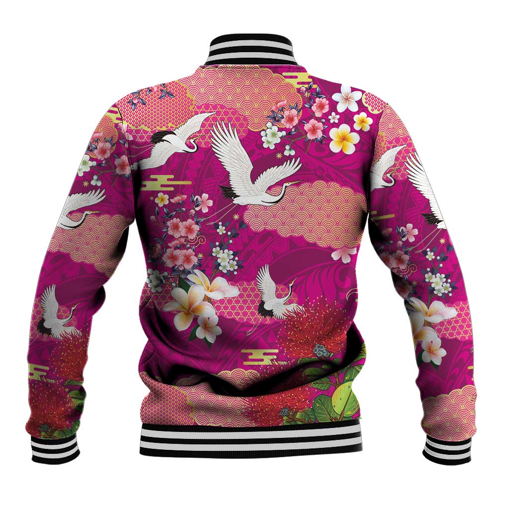 Hawaiian and Japanese Culture Together Baseball Jacket Pink Ohia Lehua Plumeria and Sakura Blooming LT03 - Polynesian Pride