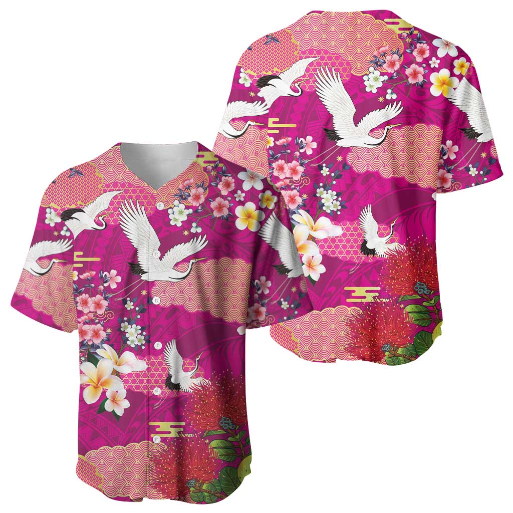Hawaiian and Japanese Culture Together Baseball Jersey Pink Ohia Lehua Plumeria and Sakura Blooming LT03 - Polynesian Pride