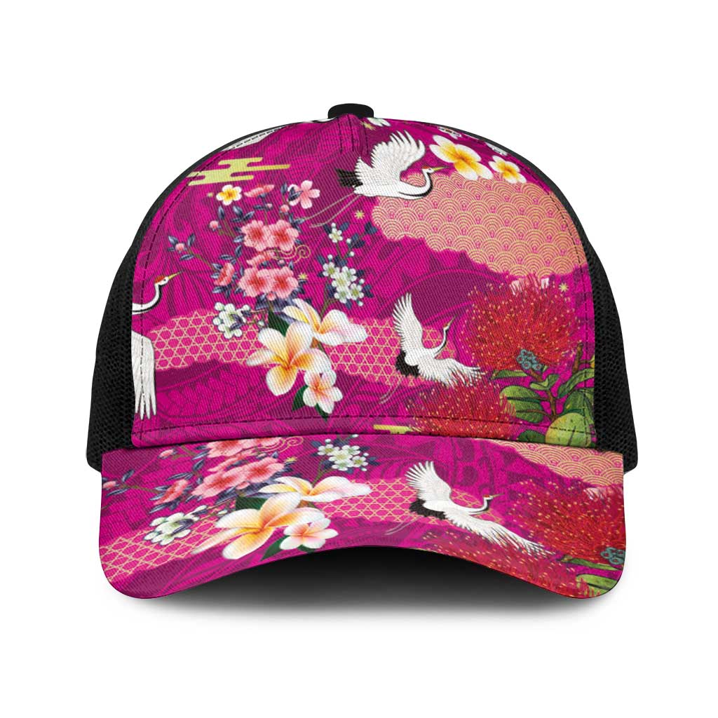 Hawaiian and Japanese Culture Together Baseball Net Cap Pink Ohia Lehua Plumeria and Sakura Blooming - Polynesian Pride