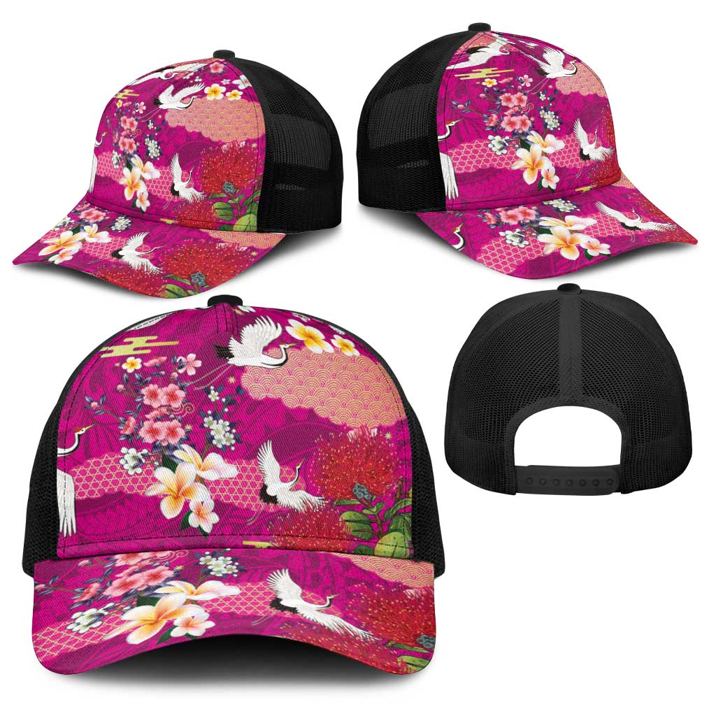 Hawaiian and Japanese Culture Together Baseball Net Cap Pink Ohia Lehua Plumeria and Sakura Blooming LT03 - Polynesian Pride