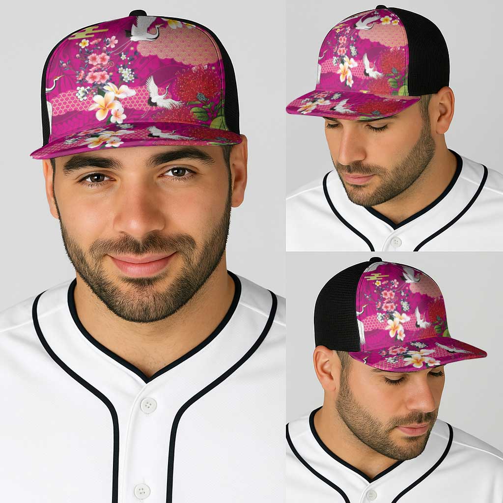 Hawaiian and Japanese Culture Together Baseball Net Cap Pink Ohia Lehua Plumeria and Sakura Blooming LT03 - Polynesian Pride