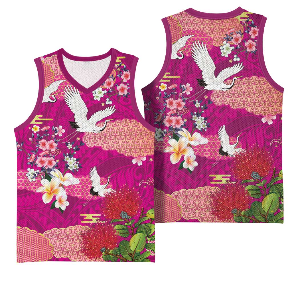Hawaiian and Japanese Culture Together Basketball Jersey Pink Ohia Lehua Plumeria and Sakura Blooming LT03 - Polynesian Pride