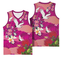 Hawaiian and Japanese Culture Together Basketball Jersey Pink Ohia Lehua Plumeria and Sakura Blooming LT03 - Polynesian Pride