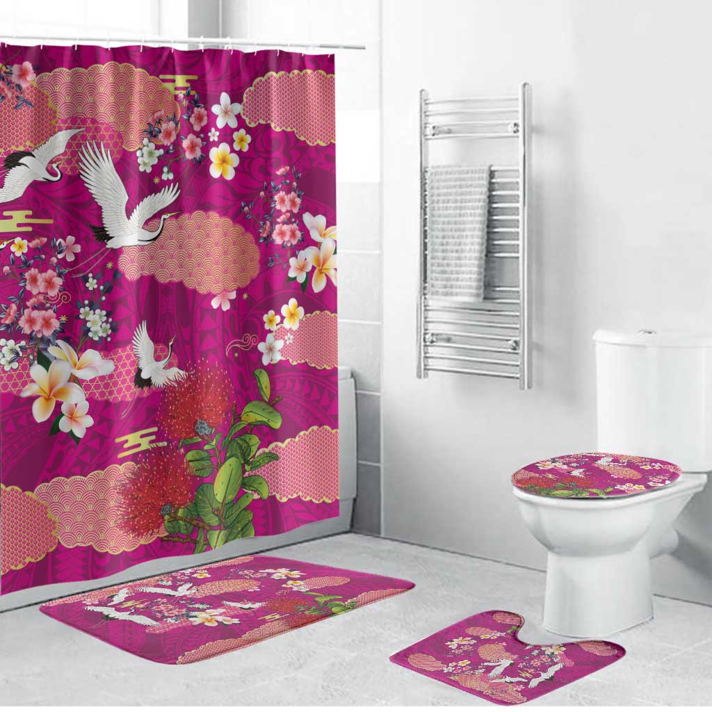 Hawaiian and Japanese Culture Together Bathroom Set Pink Ohia Lehua Plumeria and Sakura Blooming LT03 Bathroom Set (4 pcs) Pink - Polynesian Pride