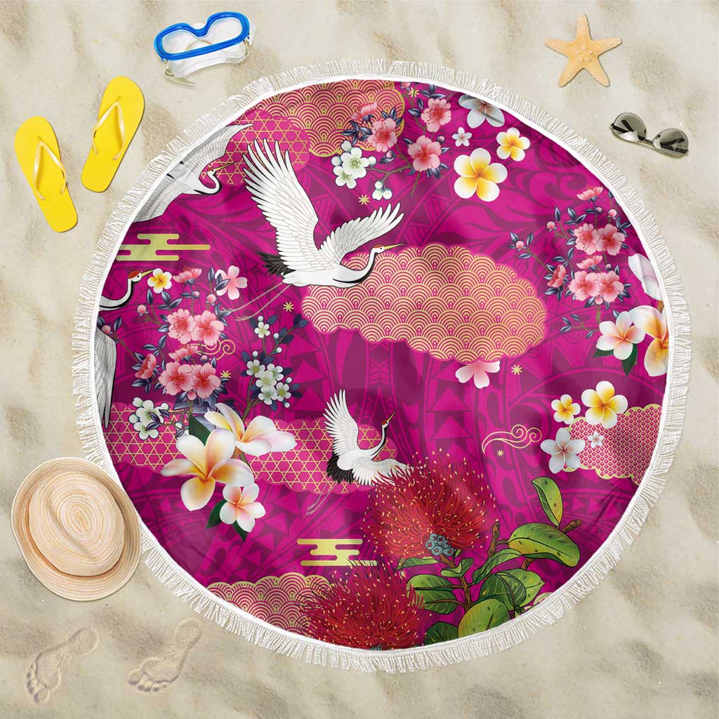 Hawaiian and Japanese Culture Together Beach Blanket Pink Ohia Lehua Plumeria and Sakura Blooming LT03 One Size 150cm Pink - Polynesian Pride