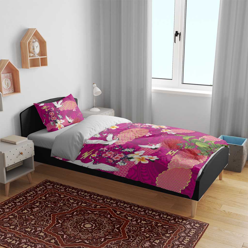 Hawaiian and Japanese Culture Together Bedding Set Pink Ohia Lehua Plumeria and Sakura Blooming - Polynesian Pride