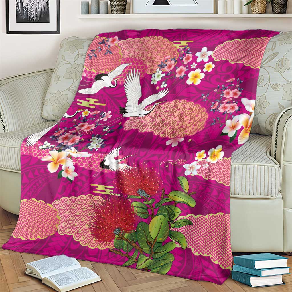 Hawaiian and Japanese Culture Together Blanket Pink Ohia Lehua Plumeria and Sakura Blooming LT03 - Polynesian Pride