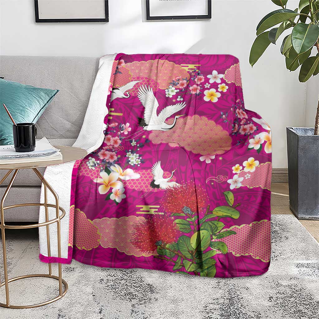 Hawaiian and Japanese Culture Together Blanket Pink Ohia Lehua Plumeria and Sakura Blooming LT03 - Polynesian Pride