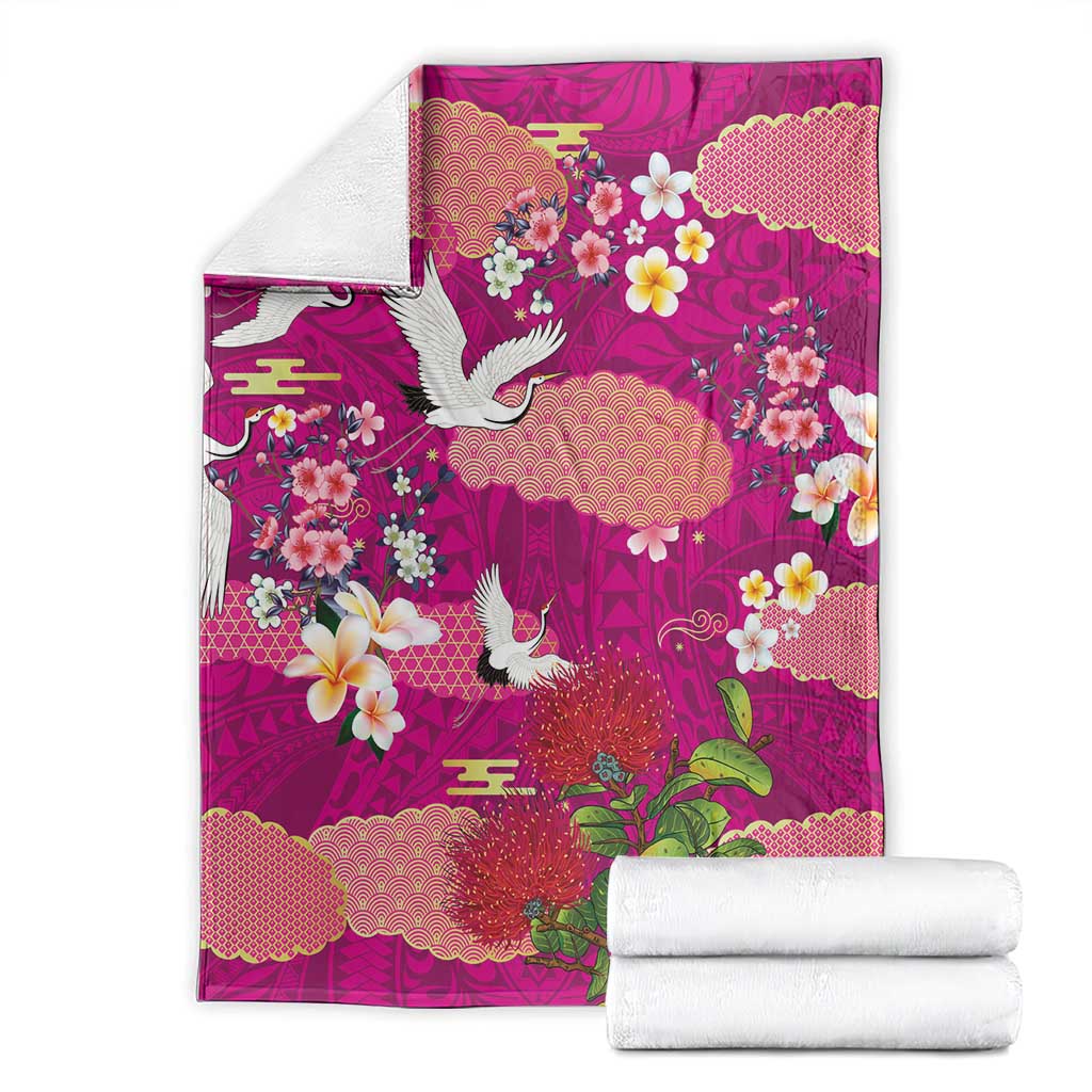Hawaiian and Japanese Culture Together Blanket Pink Ohia Lehua Plumeria and Sakura Blooming LT03 - Polynesian Pride