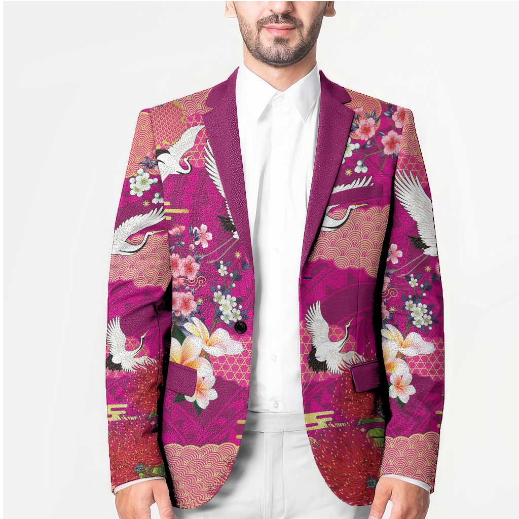 Hawaiian and Japanese Culture Together Blazer Pink Ohia Lehua Plumeria and Sakura Blooming LT03 - Polynesian Pride