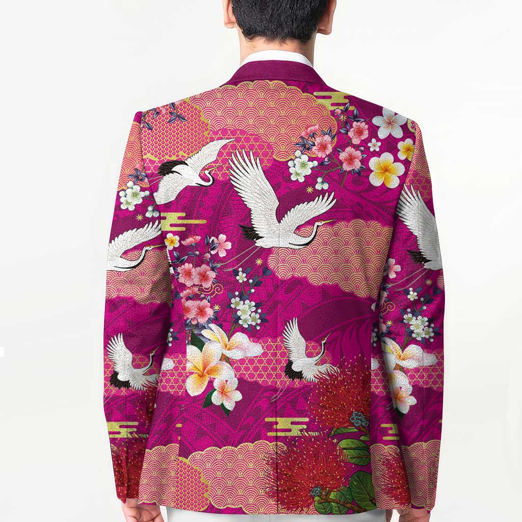 Hawaiian and Japanese Culture Together Blazer Pink Ohia Lehua Plumeria and Sakura Blooming LT03 - Polynesian Pride
