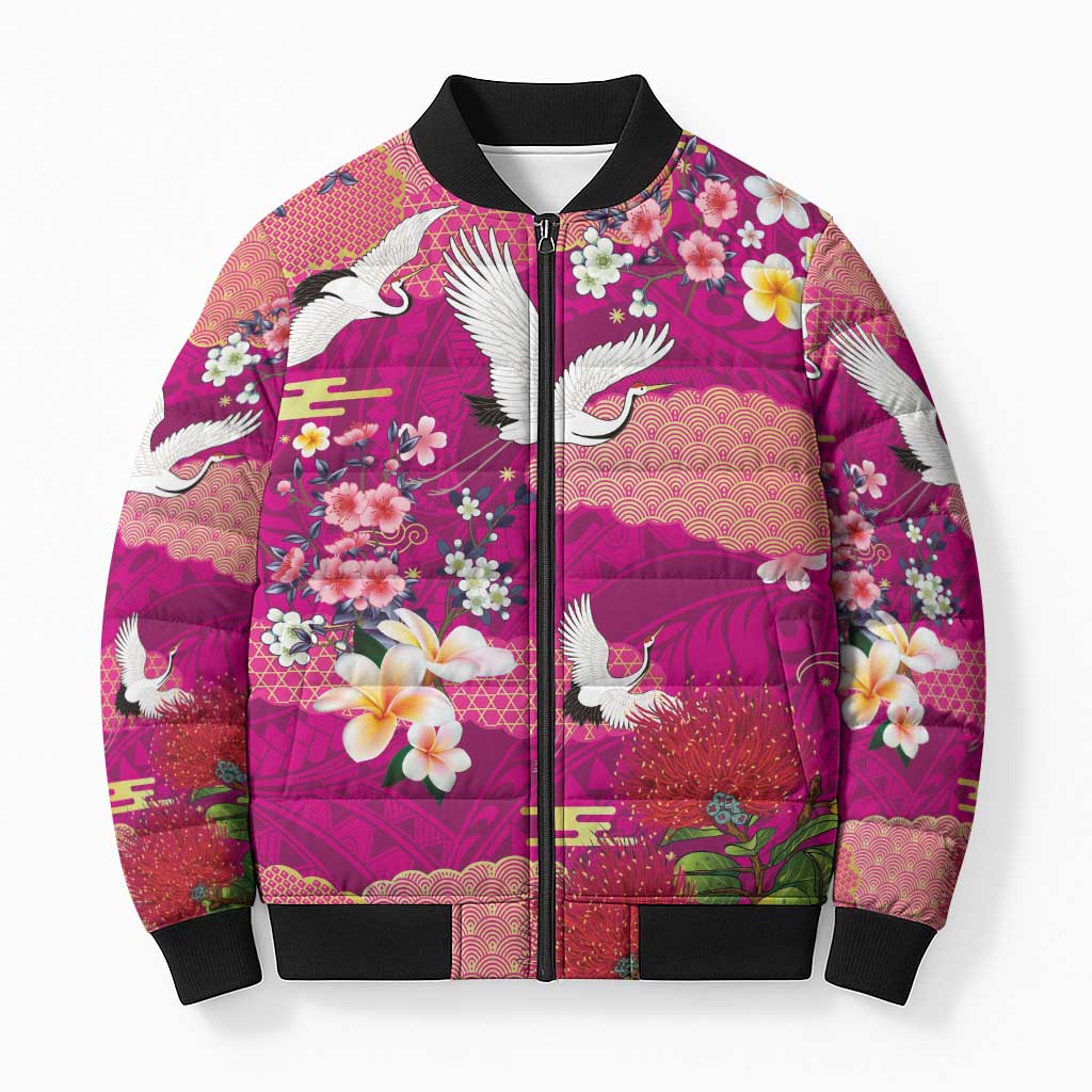 Hawaiian and Japanese Culture Together Bomber Puffer Jacket Pink Ohia Lehua Plumeria and Sakura Blooming LT03 Unisex Pink - Polynesian Pride