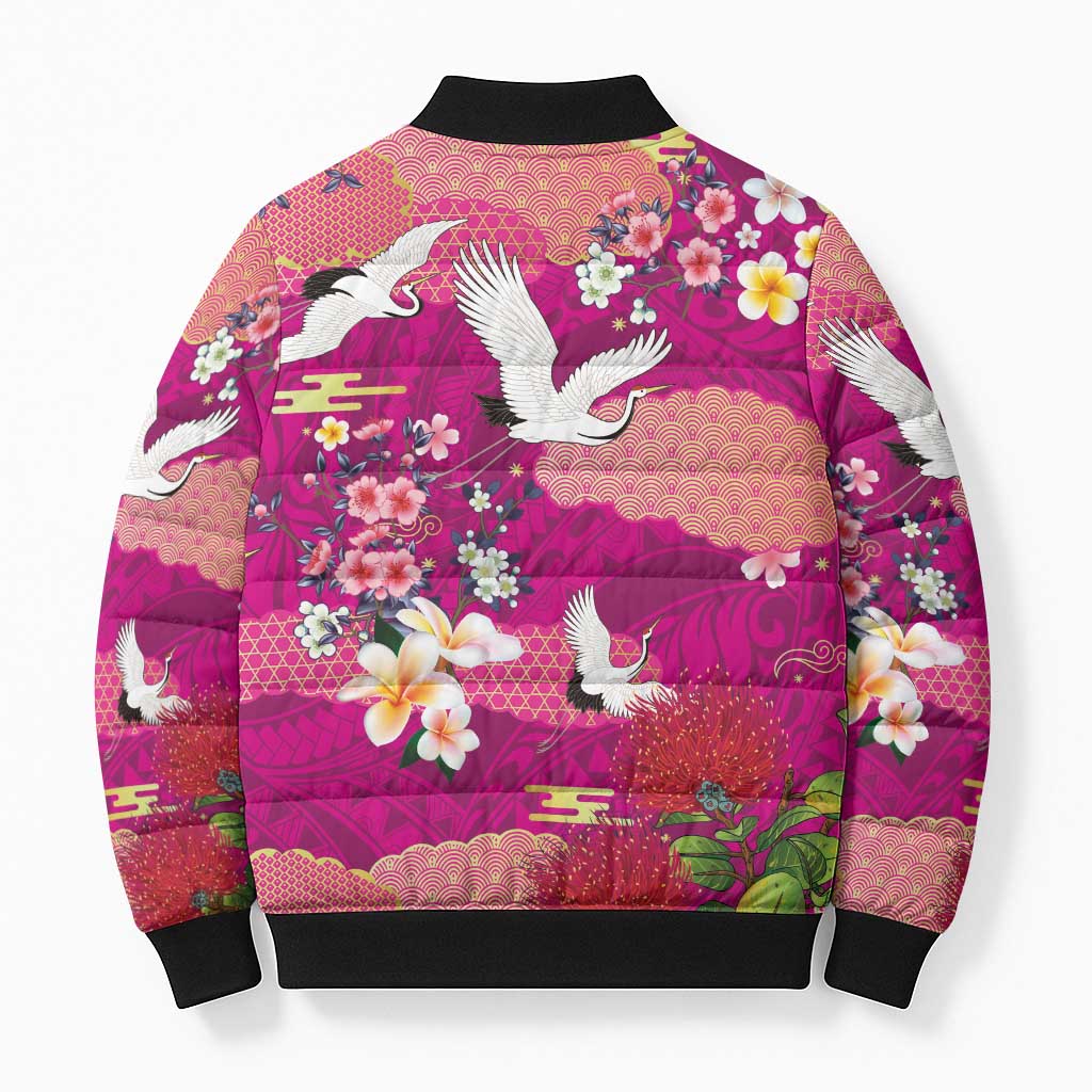 Hawaiian and Japanese Culture Together Bomber Puffer Jacket Pink Ohia Lehua Plumeria and Sakura Blooming LT03 - Polynesian Pride