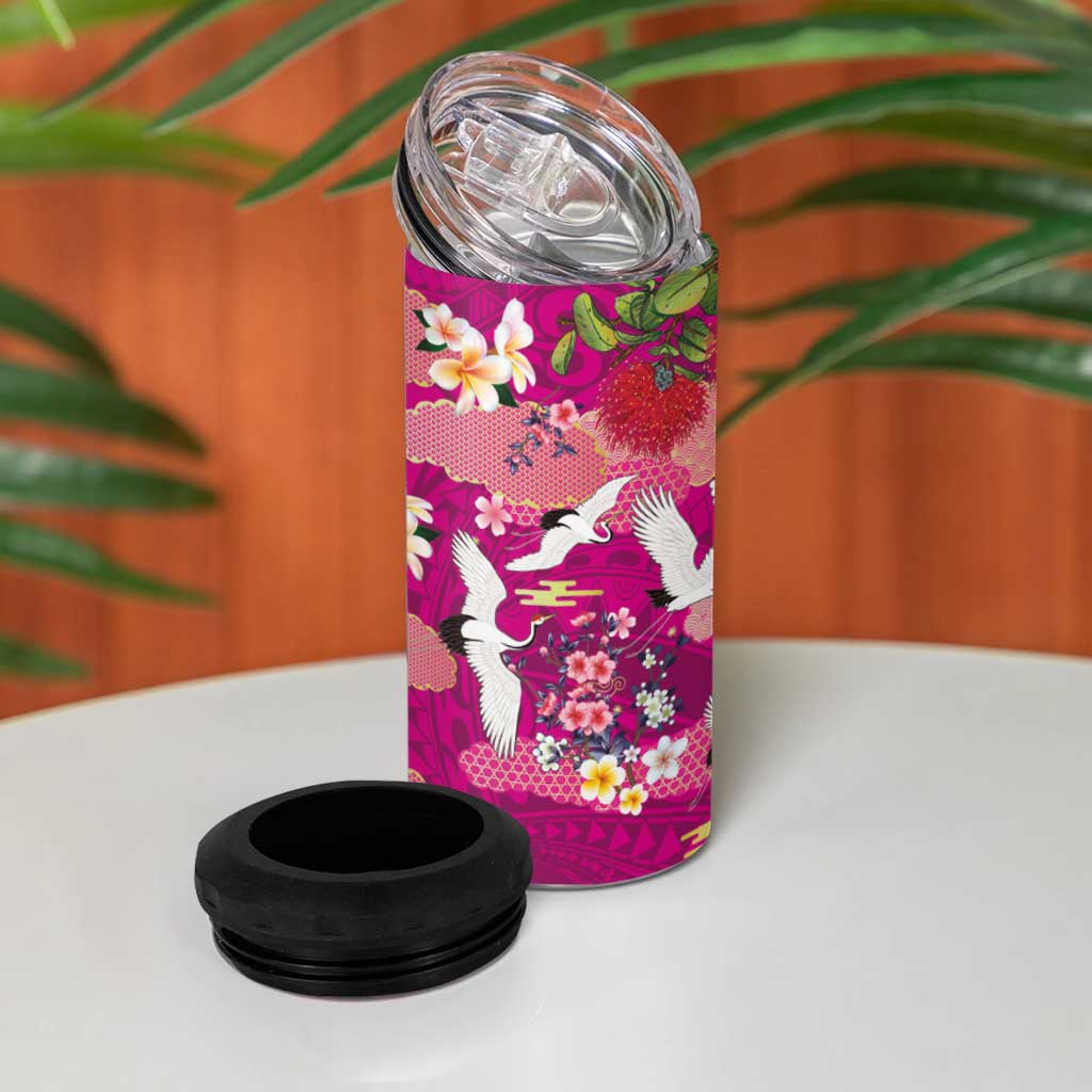 Hawaiian and Japanese Culture Together 4 in 1 Can Cooler Tumbler Pink Ohia Lehua Plumeria and Sakura Blooming LT03 - Polynesian Pride