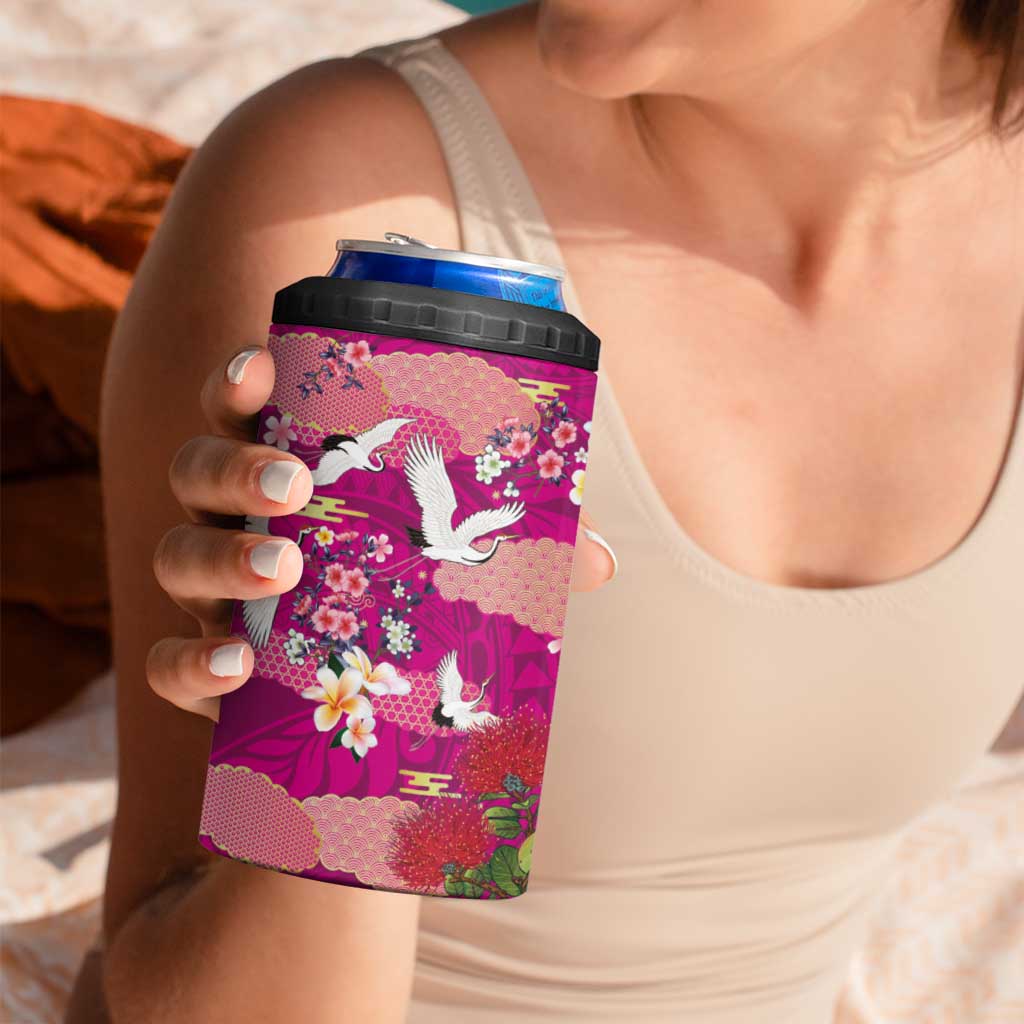 Hawaiian and Japanese Culture Together 4 in 1 Can Cooler Tumbler Pink Ohia Lehua Plumeria and Sakura Blooming LT03 - Polynesian Pride