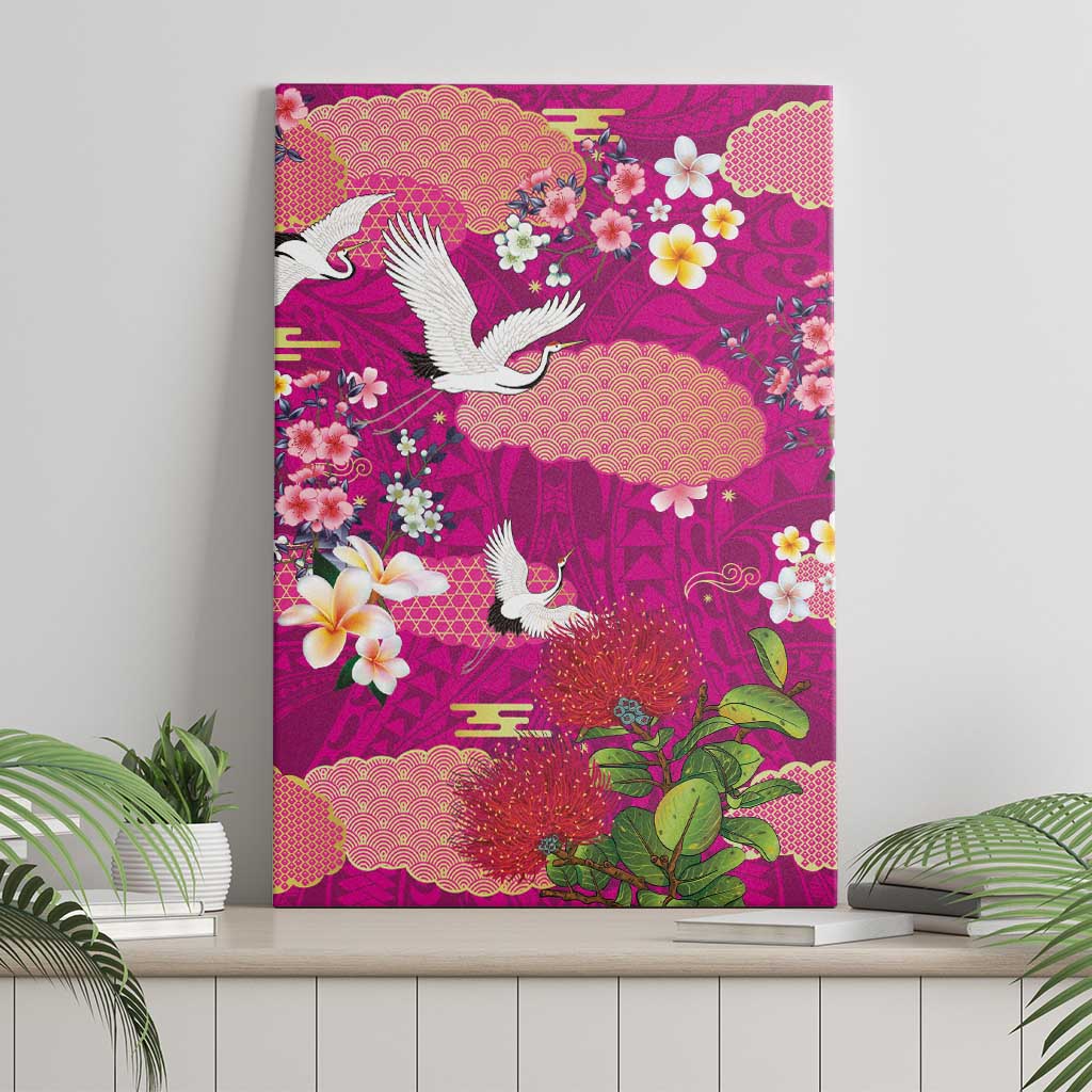 Hawaiian and Japanese Culture Together Canvas Wall Art Pink Ohia Lehua Plumeria and Sakura Blooming LT03 - Polynesian Pride