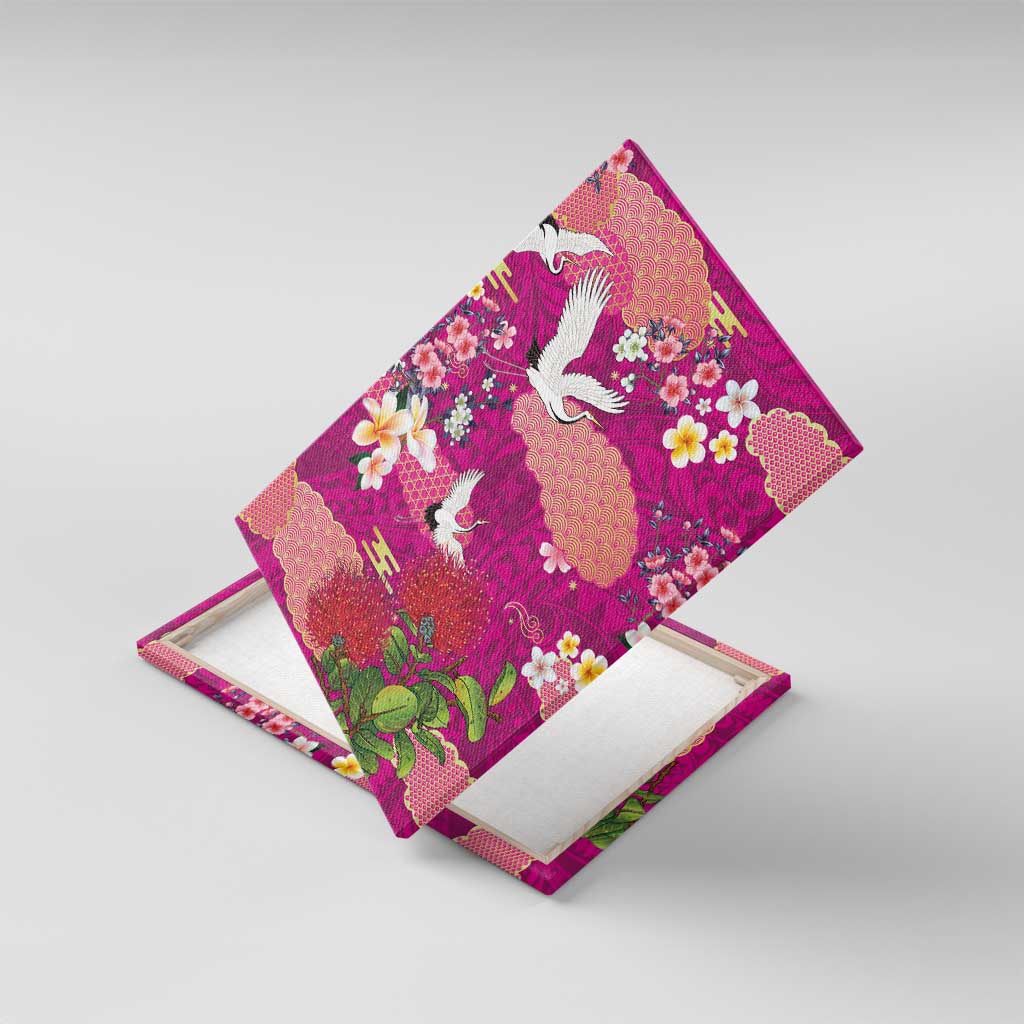 Hawaiian and Japanese Culture Together Canvas Wall Art Pink Ohia Lehua Plumeria and Sakura Blooming LT03 With Frame Pink - Polynesian Pride