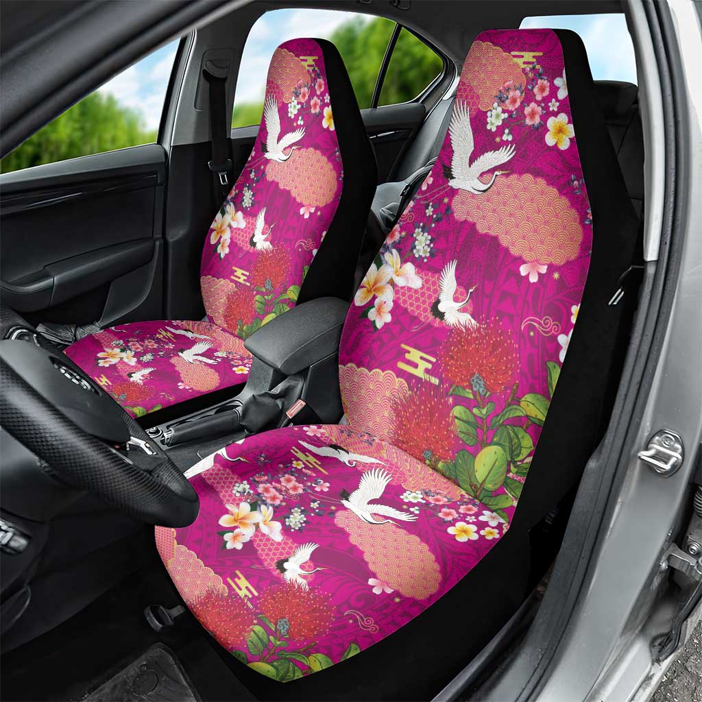 Hawaiian and Japanese Culture Together Car Seat Cover Pink Ohia Lehua Plumeria and Sakura Blooming LT03 - Polynesian Pride