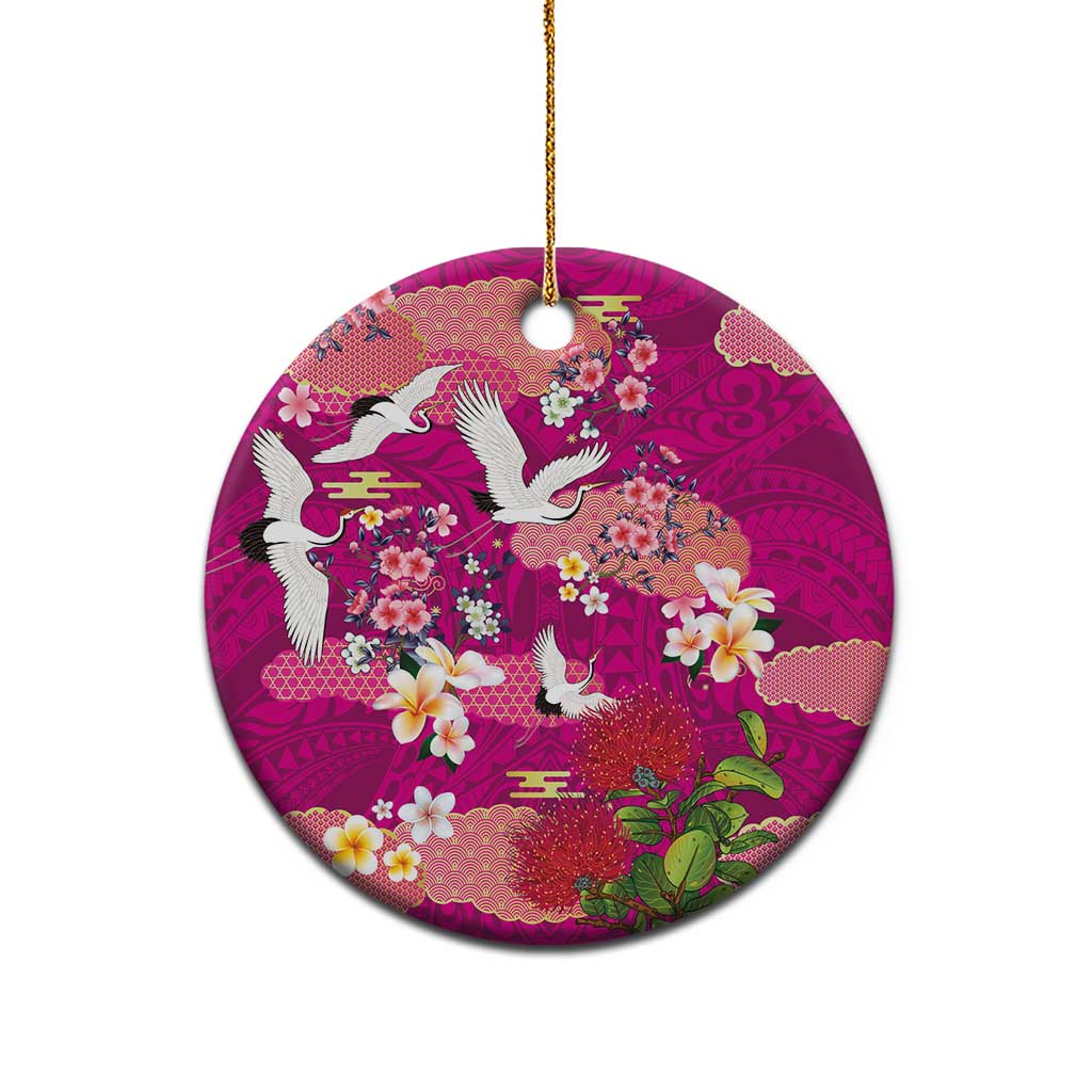 Hawaiian and Japanese Culture Together Ceramic Ornament Pink Ohia Lehua Plumeria and Sakura Blooming LT03 - Polynesian Pride