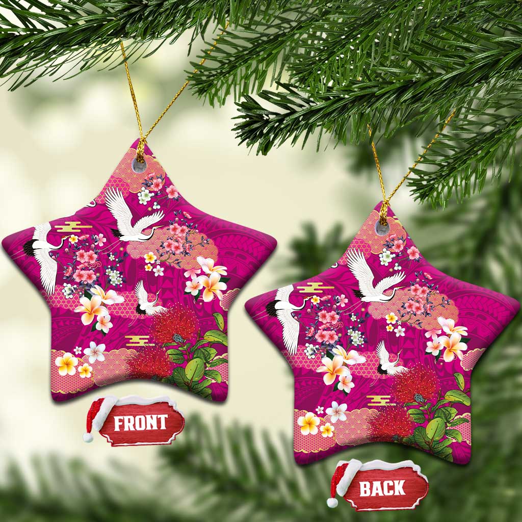 Hawaiian and Japanese Culture Together Ceramic Ornament Pink Ohia Lehua Plumeria and Sakura Blooming LT03 Star Pink - Polynesian Pride