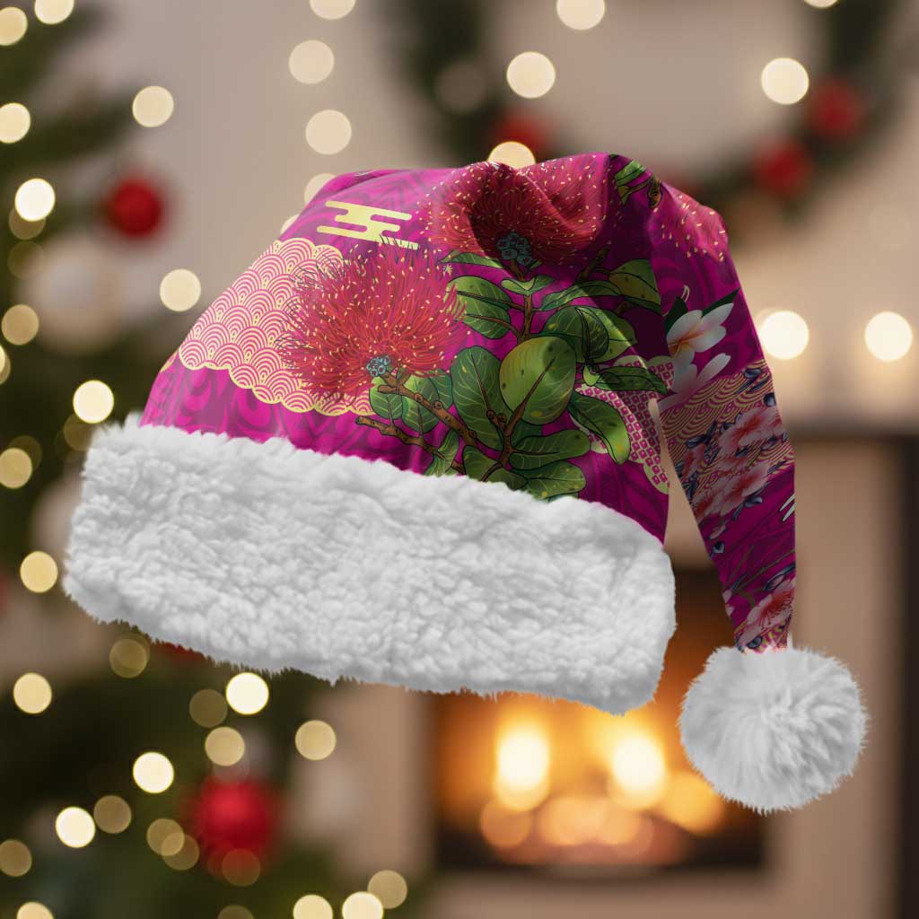 Hawaiian and Japanese Culture Together Christmas Santa Hat Pink Ohia Lehua Plumeria and Sakura Blooming LT03 With Fur Pink - Polynesian Pride