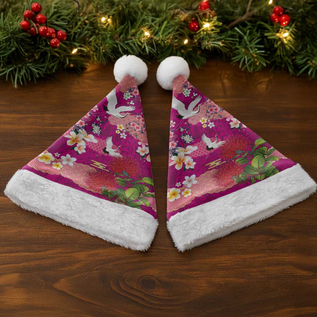 Hawaiian and Japanese Culture Together Christmas Santa Hat Pink Ohia Lehua Plumeria and Sakura Blooming LT03 - Polynesian Pride