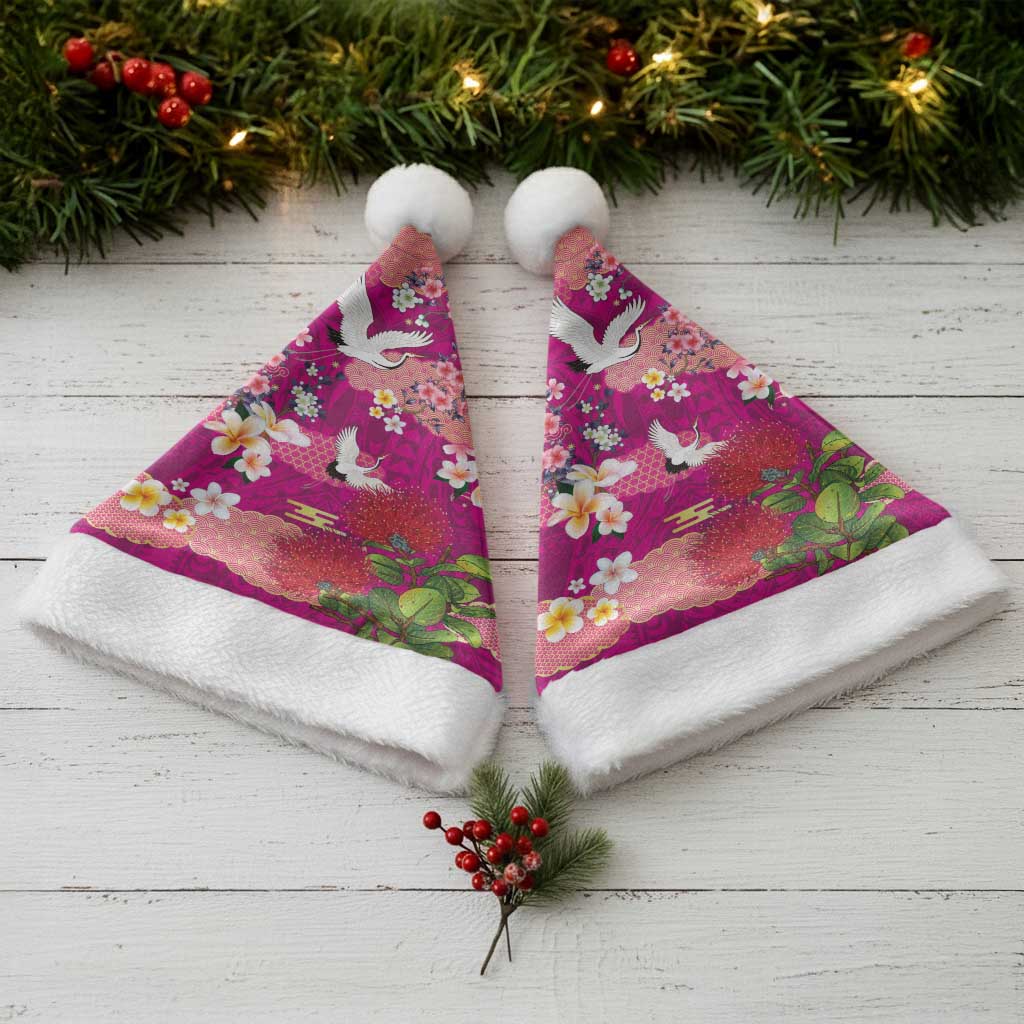 Hawaiian and Japanese Culture Together Christmas Santa Hat Pink Ohia Lehua Plumeria and Sakura Blooming LT03 - Polynesian Pride