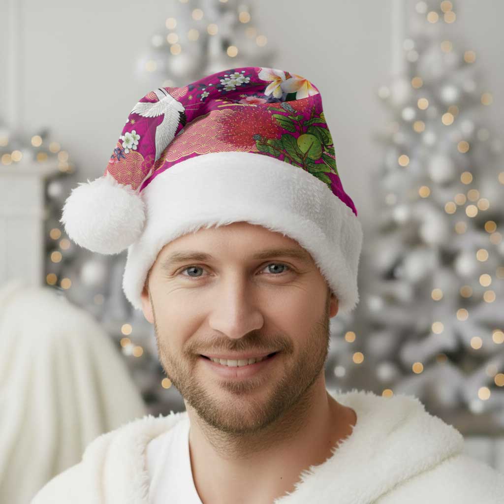 Hawaiian and Japanese Culture Together Christmas Santa Hat Pink Ohia Lehua Plumeria and Sakura Blooming LT03 - Polynesian Pride
