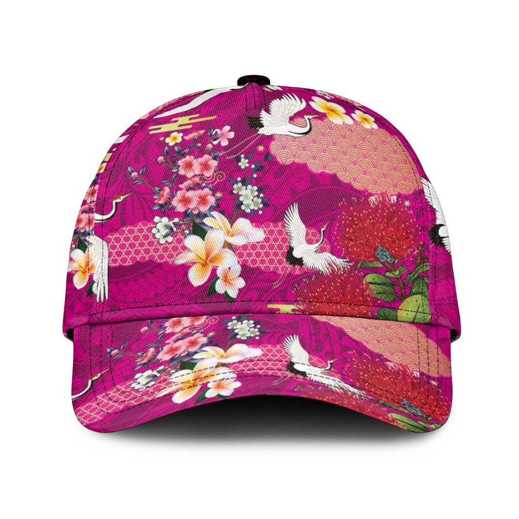 Hawaiian and Japanese Culture Together Classic Cap Pink Ohia Lehua Plumeria and Sakura Blooming LT03 Universal Fit Pink - Polynesian Pride