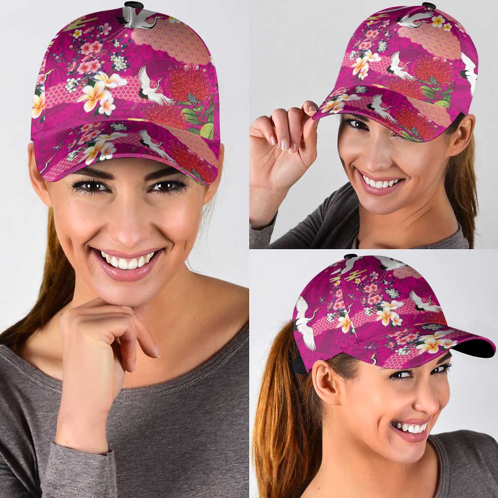 Hawaiian and Japanese Culture Together Classic Cap Pink Ohia Lehua Plumeria and Sakura Blooming LT03 - Polynesian Pride
