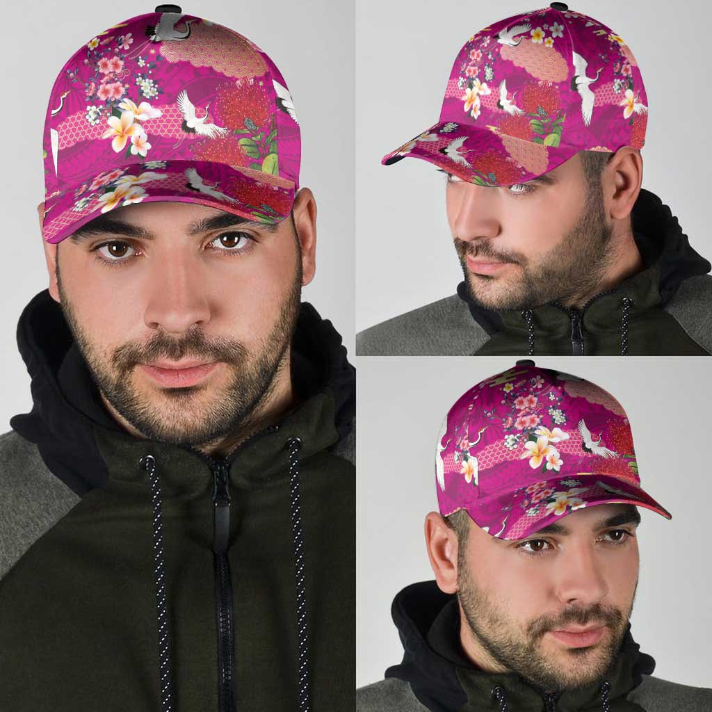 Hawaiian and Japanese Culture Together Classic Cap Pink Ohia Lehua Plumeria and Sakura Blooming LT03 - Polynesian Pride