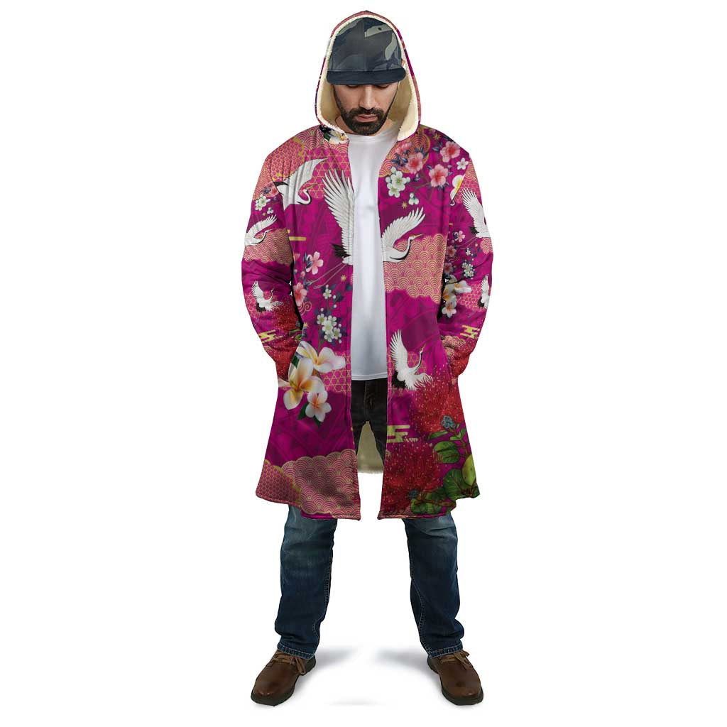 Hawaiian and Japanese Culture Together Cloak Pink Ohia Lehua Plumeria and Sakura Blooming - Polynesian Pride