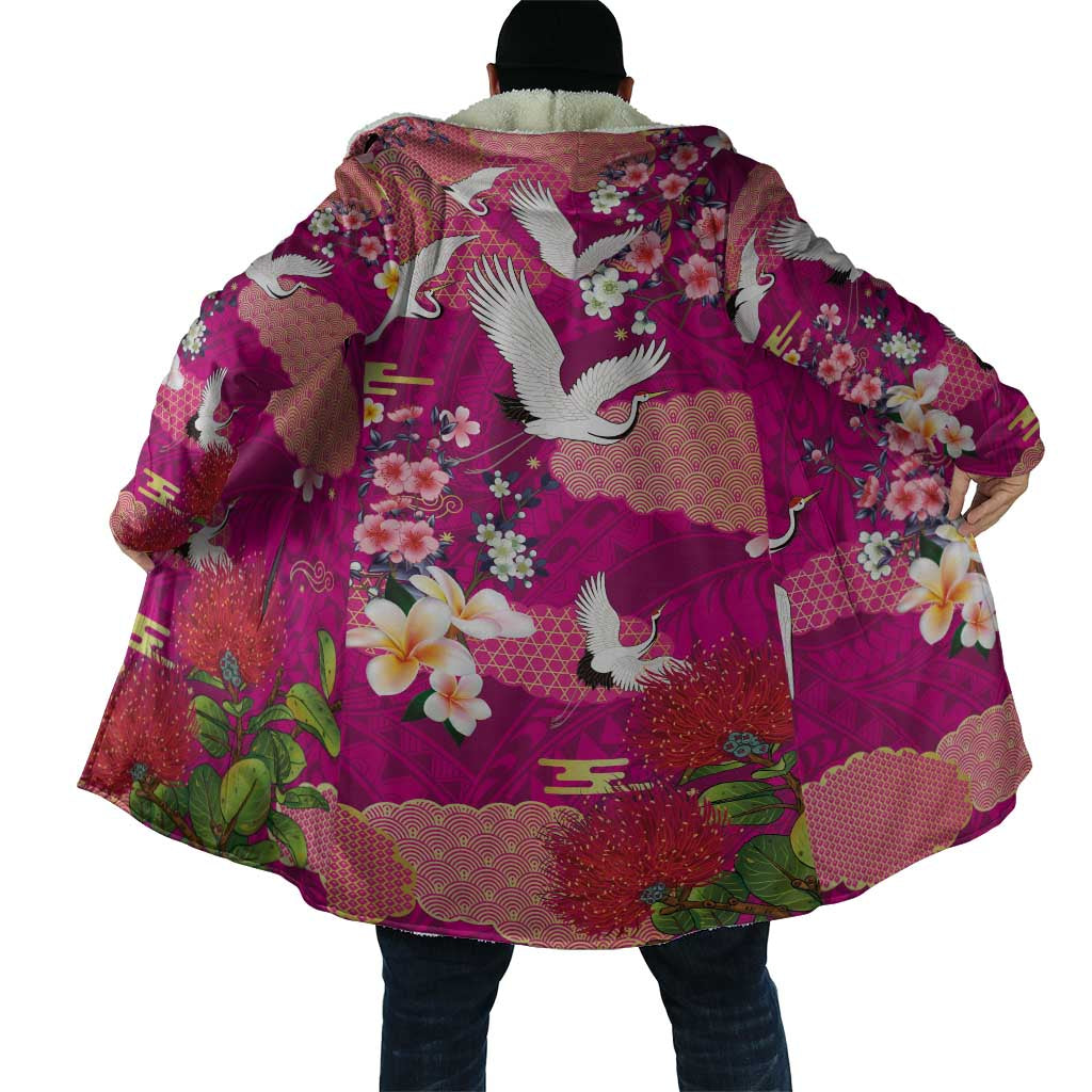 Hawaiian and Japanese Culture Together Cloak Pink Ohia Lehua Plumeria and Sakura Blooming - Polynesian Pride