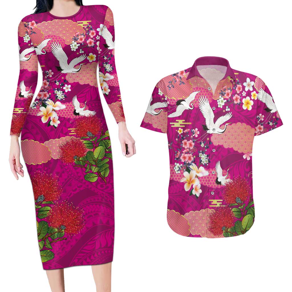Hawaiian and Japanese Culture Together Couples Matching Long Sleeve Bodycon Dress and Hawaiian Shirt Pink Ohia Lehua Plumeria and Sakura Blooming LT03 Pink - Polynesian Pride