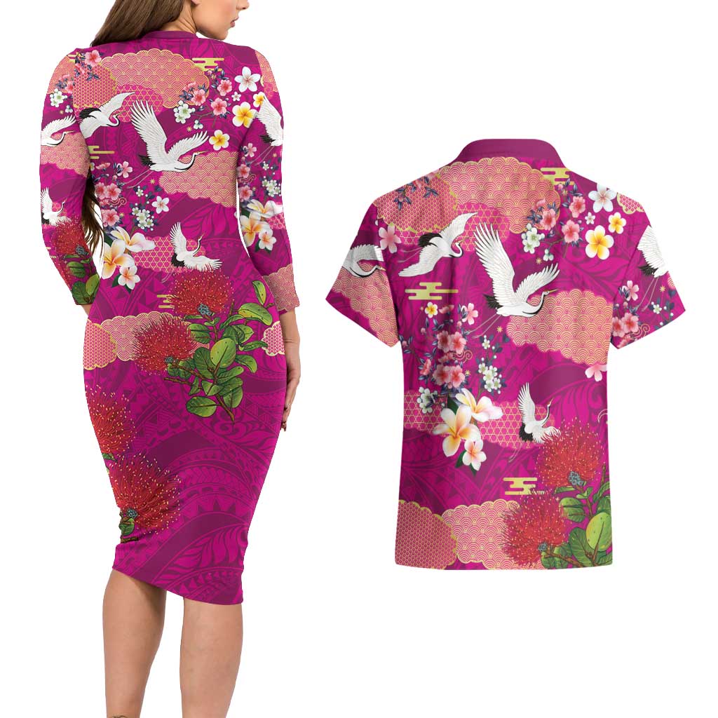 Hawaiian and Japanese Culture Together Couples Matching Long Sleeve Bodycon Dress and Hawaiian Shirt Pink Ohia Lehua Plumeria and Sakura Blooming LT03 - Polynesian Pride