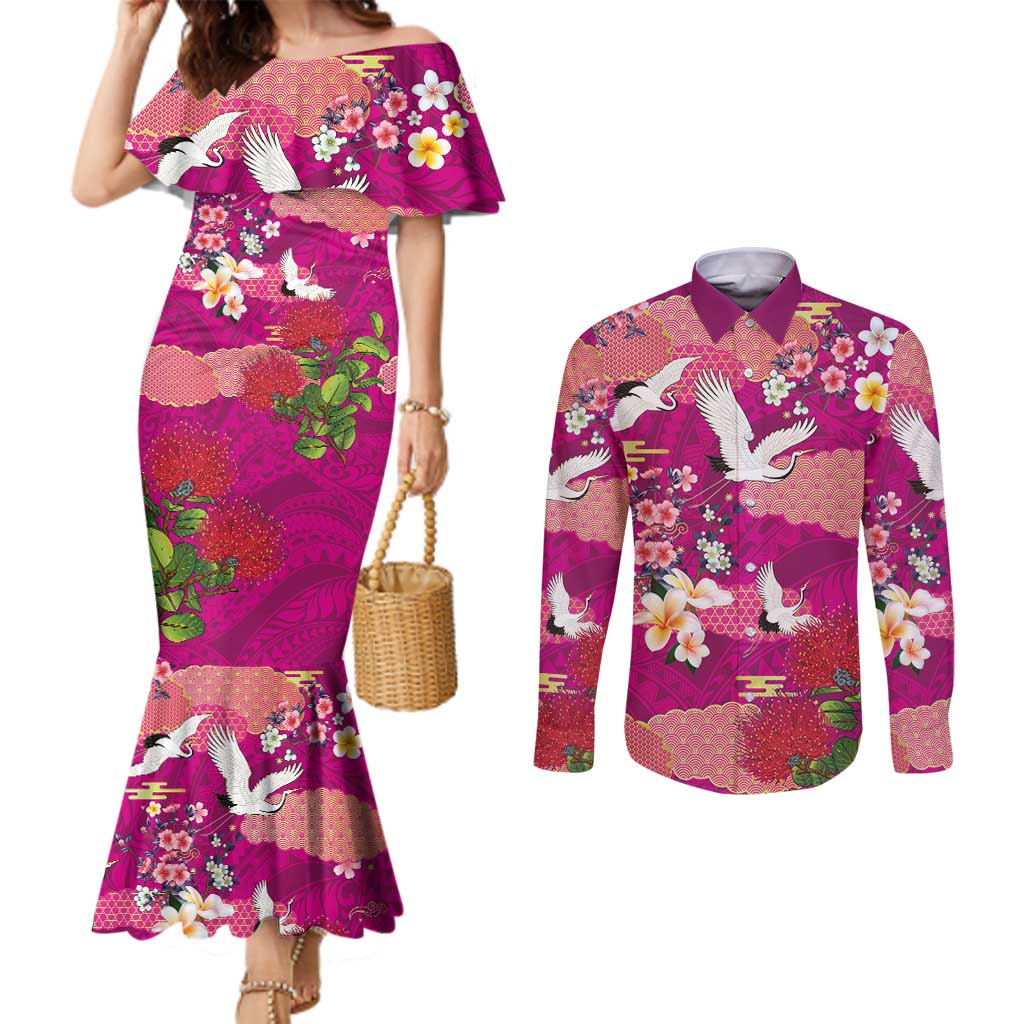 Hawaiian and Japanese Culture Together Couples Matching Mermaid Dress and Long Sleeve Button Shirt Pink Ohia Lehua Plumeria and Sakura Blooming LT03 Pink - Polynesian Pride
