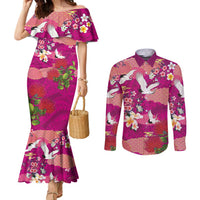Hawaiian and Japanese Culture Together Couples Matching Mermaid Dress and Long Sleeve Button Shirt Pink Ohia Lehua Plumeria and Sakura Blooming LT03 Pink - Polynesian Pride