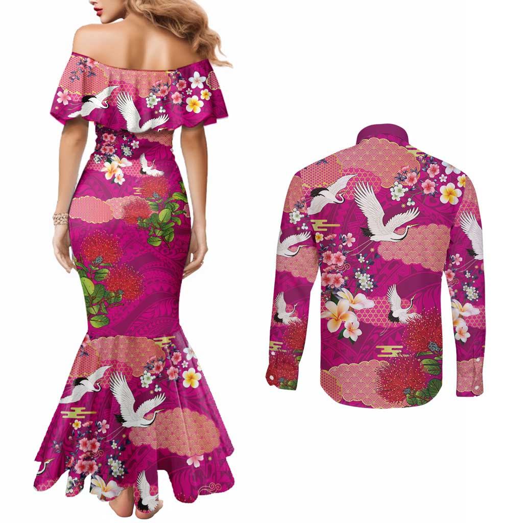 Hawaiian and Japanese Culture Together Couples Matching Mermaid Dress and Long Sleeve Button Shirt Pink Ohia Lehua Plumeria and Sakura Blooming LT03 - Polynesian Pride
