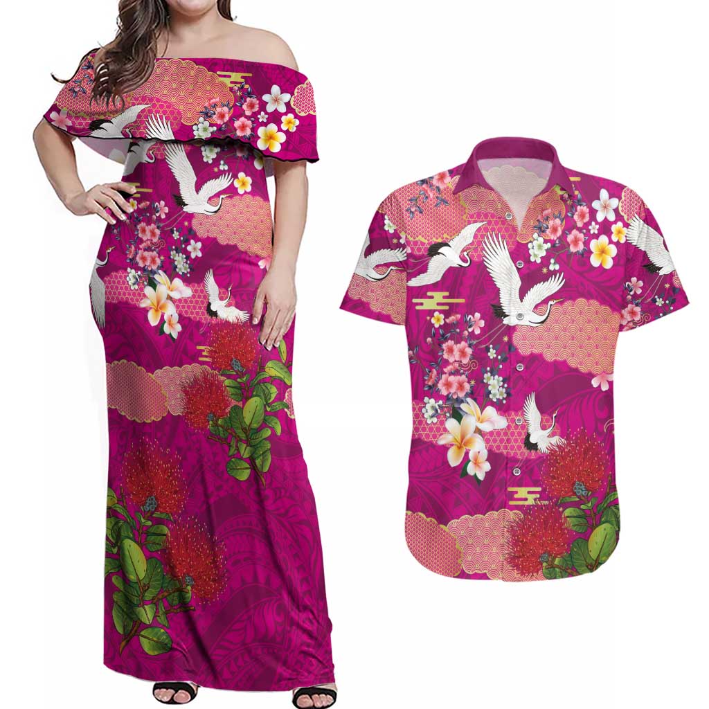 Hawaiian and Japanese Culture Together Couples Matching Off Shoulder Maxi Dress and Hawaiian Shirt Pink Ohia Lehua Plumeria and Sakura Blooming - Polynesian Pride