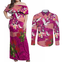 Hawaiian and Japanese Culture Together Couples Matching Off Shoulder Maxi Dress and Long Sleeve Button Shirt Pink Ohia Lehua Plumeria and Sakura Blooming LT03 Pink - Polynesian Pride