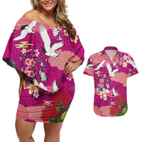 Hawaiian and Japanese Culture Together Couples Matching Off Shoulder Short Dress and Hawaiian Shirt Pink Ohia Lehua Plumeria and Sakura Blooming LT03 Pink - Polynesian Pride