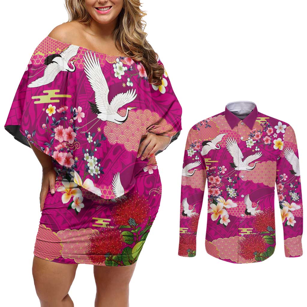 Hawaiian and Japanese Culture Together Couples Matching Off Shoulder Short Dress and Long Sleeve Button Shirt Pink Ohia Lehua Plumeria and Sakura Blooming LT03 Pink - Polynesian Pride