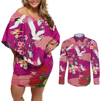 Hawaiian and Japanese Culture Together Couples Matching Off Shoulder Short Dress and Long Sleeve Button Shirt Pink Ohia Lehua Plumeria and Sakura Blooming LT03 Pink - Polynesian Pride