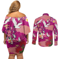 Hawaiian and Japanese Culture Together Couples Matching Off Shoulder Short Dress and Long Sleeve Button Shirt Pink Ohia Lehua Plumeria and Sakura Blooming LT03 - Polynesian Pride