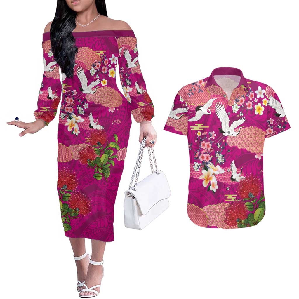 Hawaiian and Japanese Culture Together Couples Matching Off The Shoulder Long Sleeve Dress and Hawaiian Shirt Pink Ohia Lehua Plumeria and Sakura Blooming - Polynesian Pride