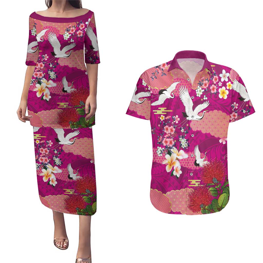 Hawaiian and Japanese Culture Together Couples Matching Puletasi and Hawaiian Shirt Pink Ohia Lehua Plumeria and Sakura Blooming - Polynesian Pride