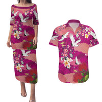 Hawaiian and Japanese Culture Together Couples Matching Puletasi and Hawaiian Shirt Pink Ohia Lehua Plumeria and Sakura Blooming LT03 Pink - Polynesian Pride